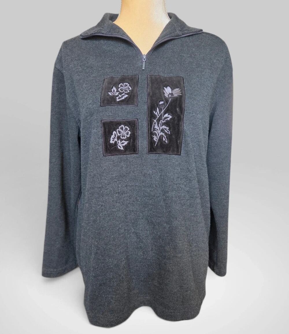 Vintage Dressbarn Gray Knit Quarter Zip Sweater Velvet Floral Patch womans sz lg
